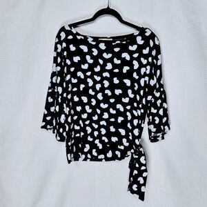 Michael Kors Bell Sleeve Side-Tie Top Black White Hearts Size L Artsy Beachy